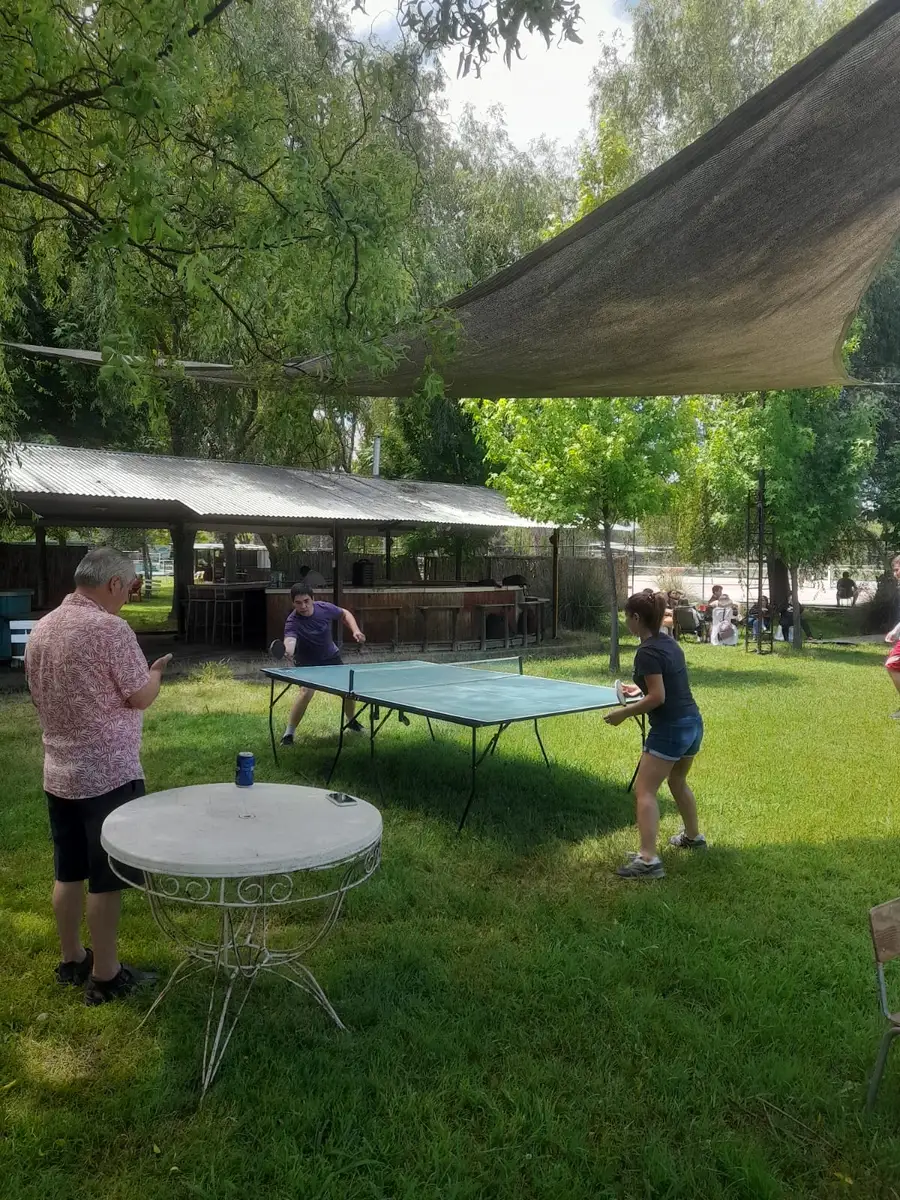 Personas jugando tenis de mesa en el jardín