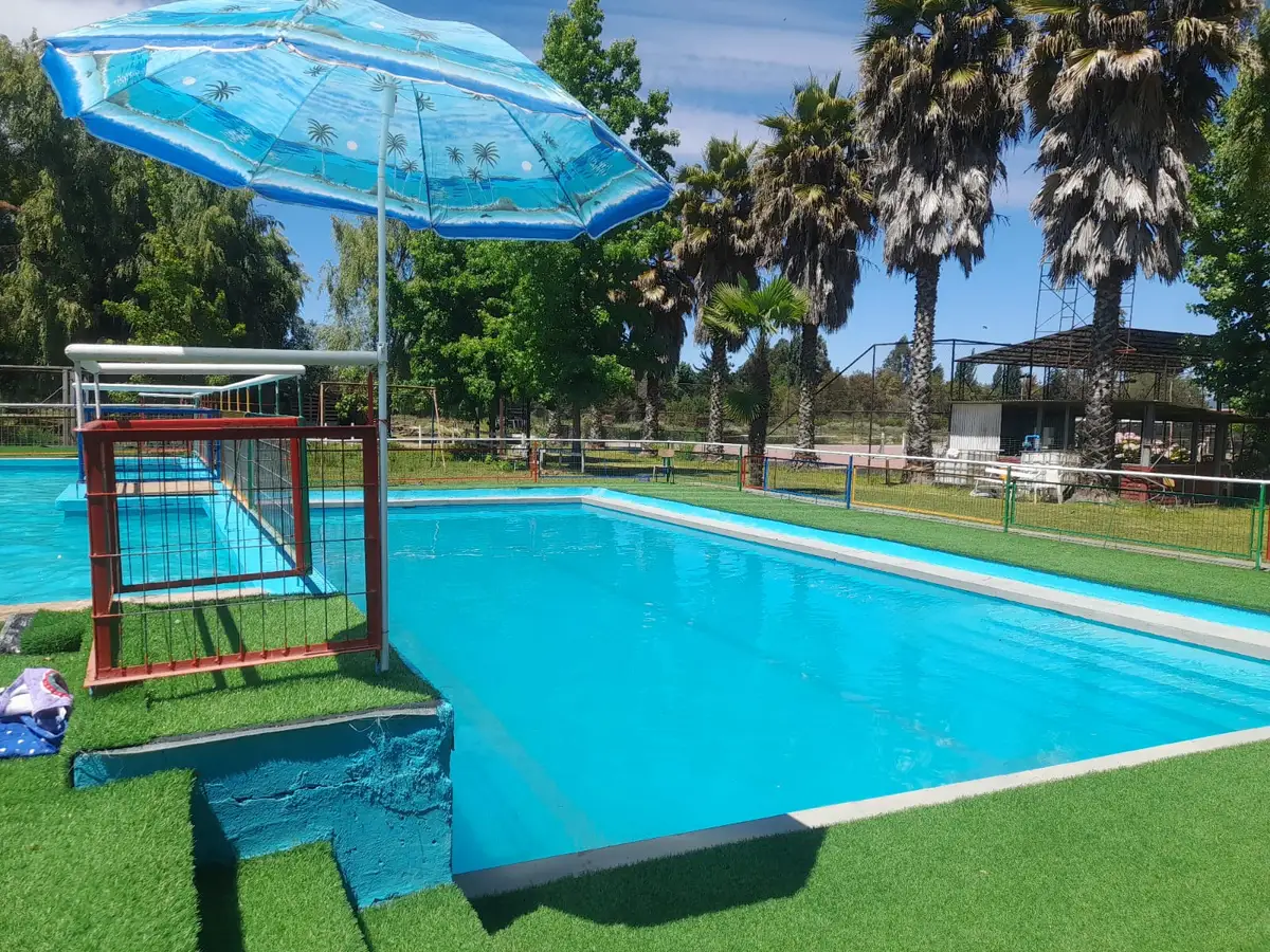 Piscina con sombrilla azul y palmeras al fondo